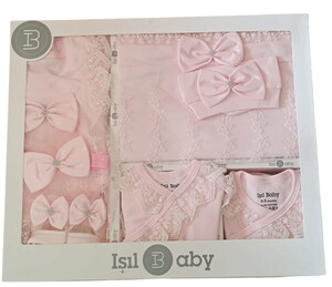  IŞIL BABY 987IB Kız Bebek Elbiseli Onlu Pembe Zıbın Hastane Çıkış Seti (0-3 Ay)