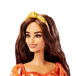  MATTEL FBR37/HBV16 Fashionistas Büyüleyici Parti Bebekleri Uzun Ve Dalgalı Koyu Renk Saçlı Saç Bandı Fırfır Detaylı Ve Çiçek Des